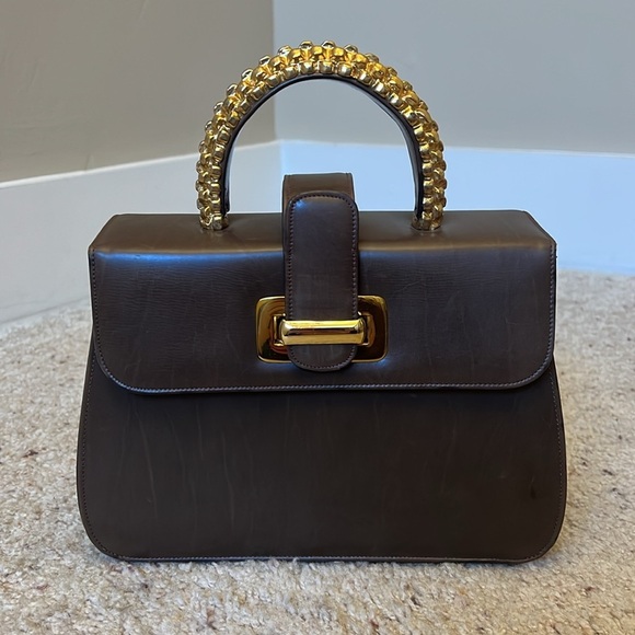 Vintage Saks Fifth Avenue | Chocolate Brown Leather Handbag with Gold Hardware - Picture 2 of 12